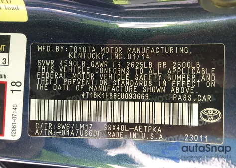 2014 Toyota Avalon Limited из США, поврежденный, VIN 4T1BK1EB8EU093669